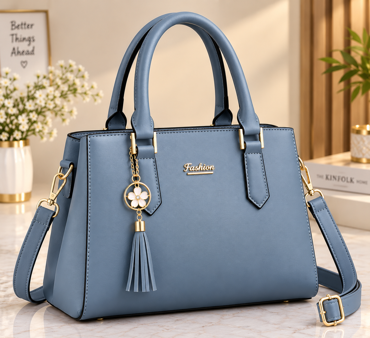 Women’s Blue Handbag – Elegant Shoulder & Crossbody Bag with Floral Tassel Charm