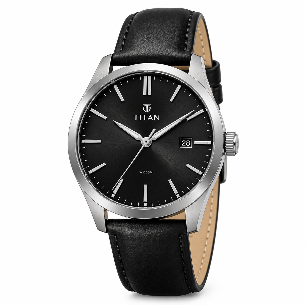 Titan Men’s Black Dial Watch – Classic Leather Strap with Date Display