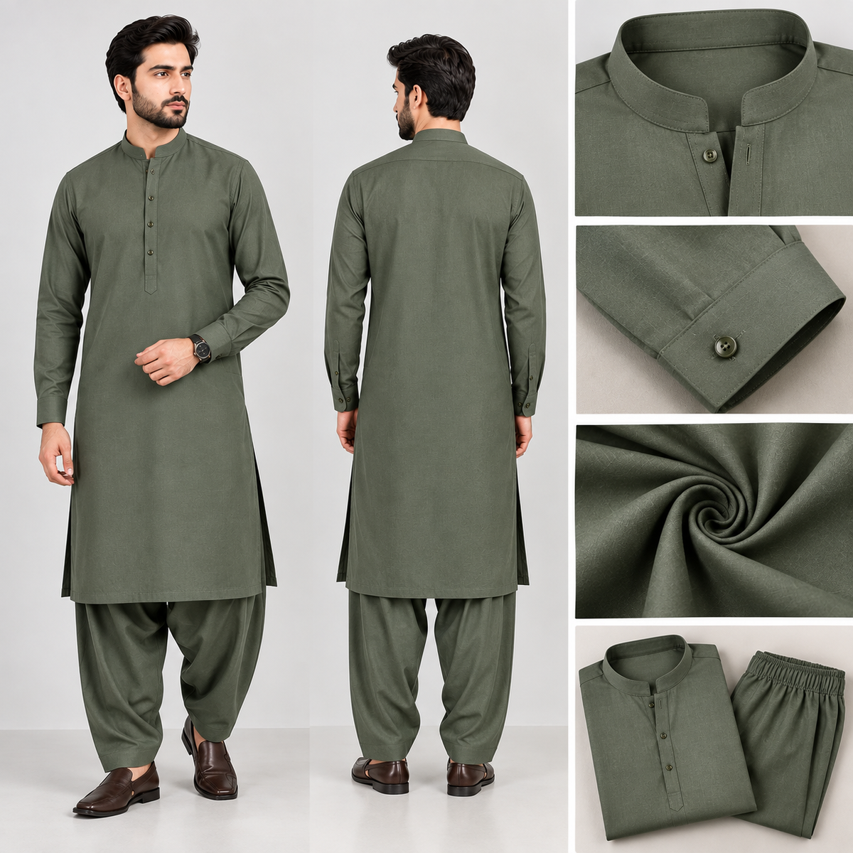 Men’s Olive Green Shalwar Kameez – Premium Full Sleeve Traditional Suit