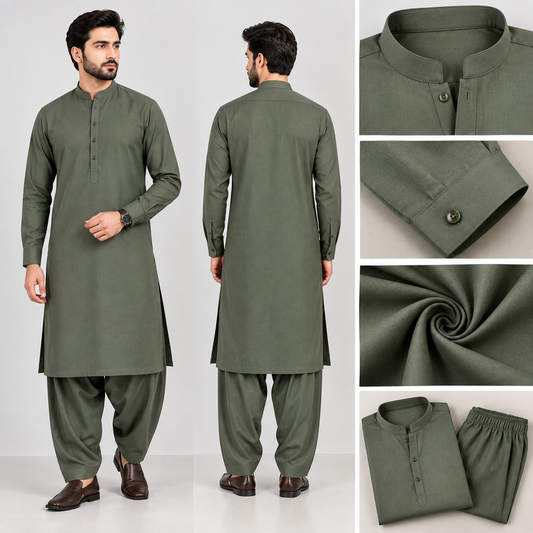 Men’s Olive Green Shalwar Kameez – Premium Full Sleeve Traditional Suit
