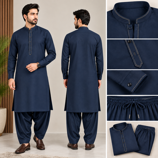 Men’s Navy Blue Shalwar Kameez – Premium Traditional Suit with Contrast Stitching