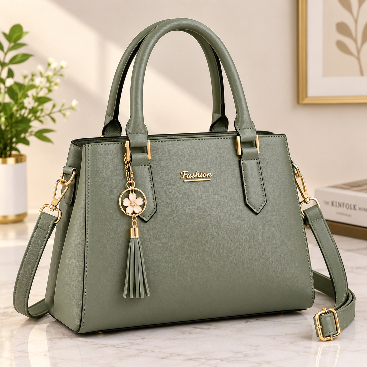 Women’s Elegant Olive Green Handbag – Premium Shoulder & Crossbody Bag with Tassel Charm