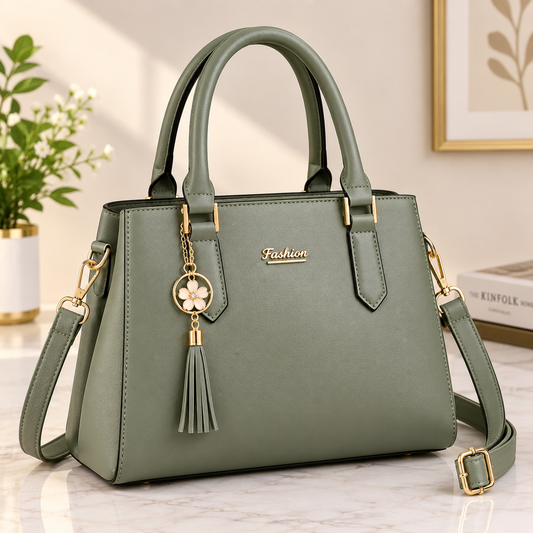 Women’s Elegant Olive Green Handbag – Premium Shoulder & Crossbody Bag with Tassel Charm