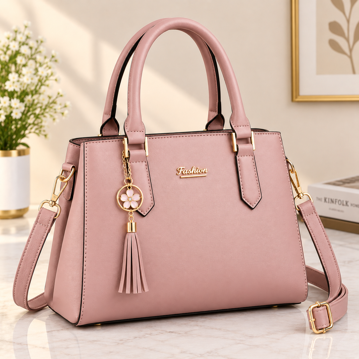Women’s Pink Handbag – Elegant Shoulder & Crossbody Bag with Floral Tassel Charm