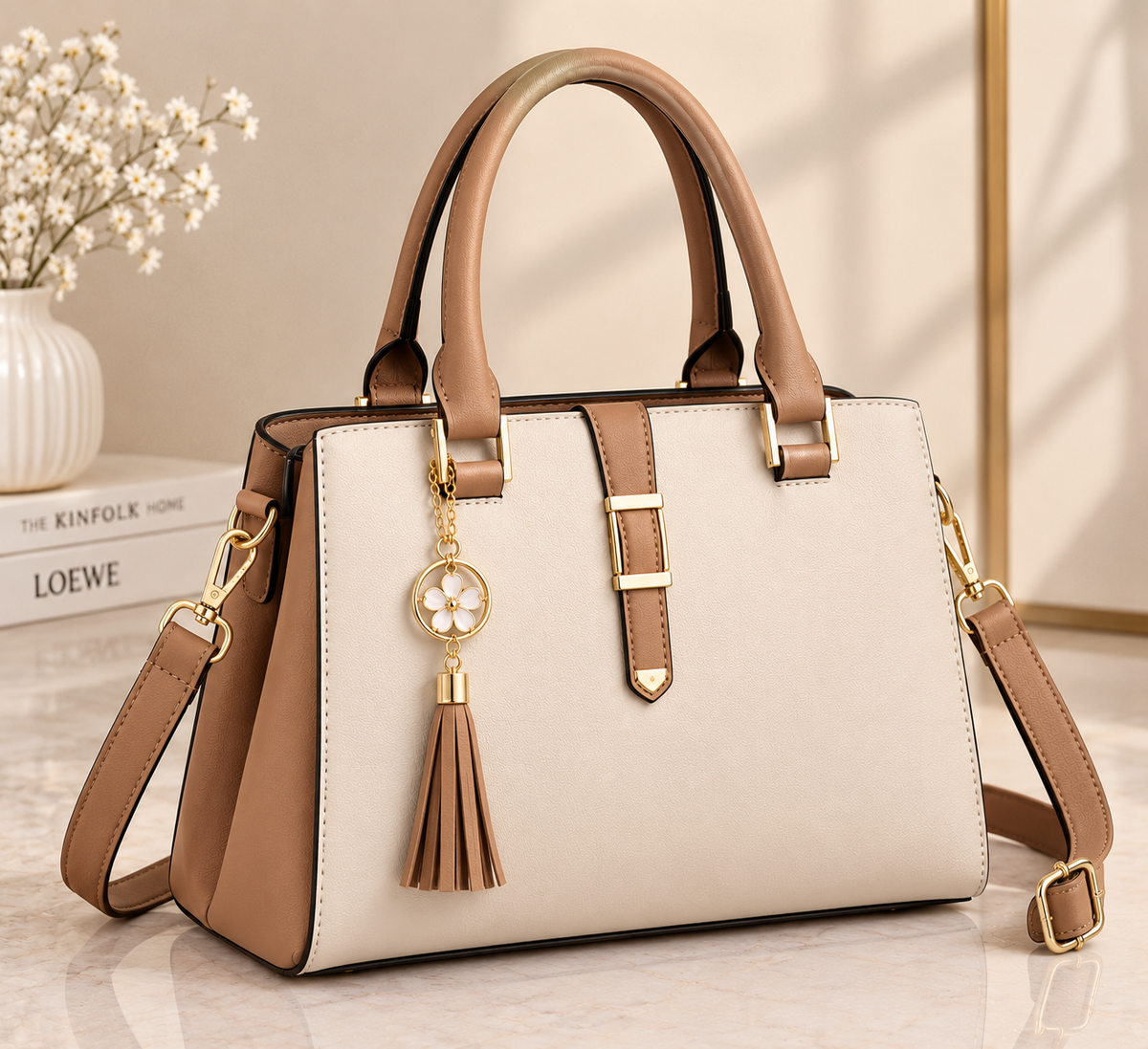 Women’s Beige & Brown Handbag – Elegant Shoulder & Crossbody Bag with Floral Tassel Charm