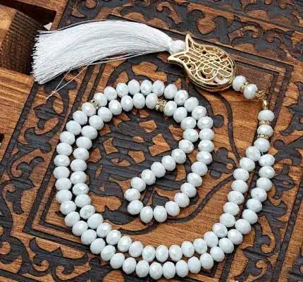 Elegant White Tasbih with Premium Gold Arabic Pendant & Soft Tassel – Islamic Prayer Beads