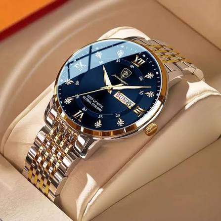 Luxury Blue Dial Men’s Watch – Elegant Stainless Steel Bracelet with Gold-Tone Details