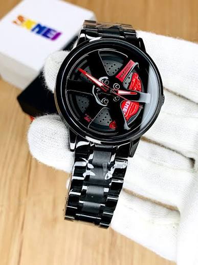 Luxury Black Skeleton Automatic Watch – Red Accent Dial with Stainless Steel Bracelet