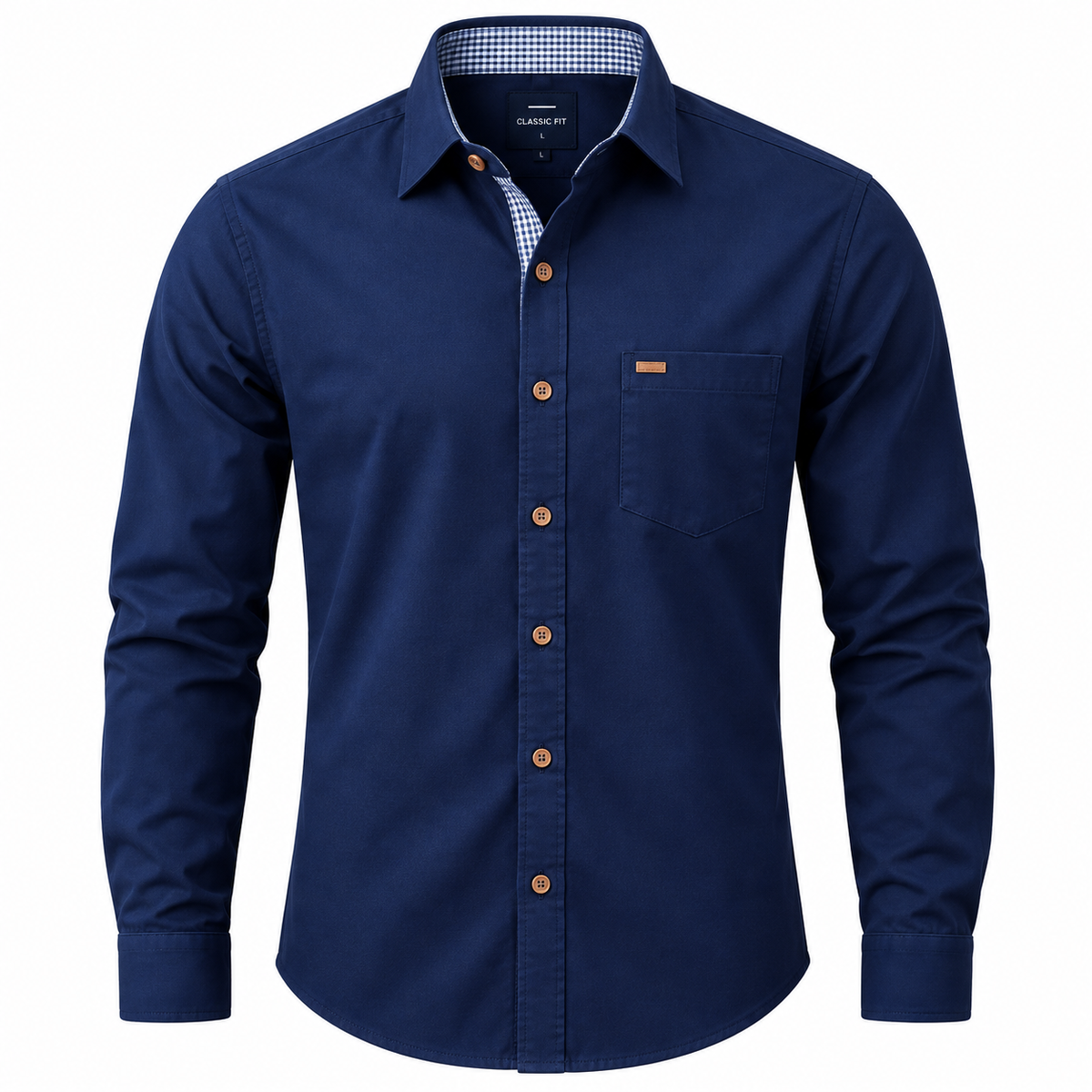 Men’s Navy Blue Formal Shirt – Full Sleeve Classic Fit with Contrast Check Collar